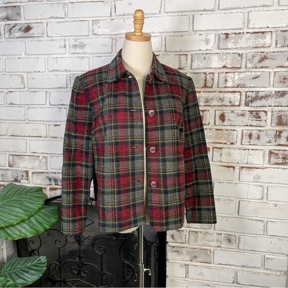 Vintage 90s Sag Harbor Burgundy Green Plaid Womens Button-down Blazer Jacket - Picture 3 of 9